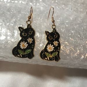 Black Cat Earrings with Flowers Jewelry